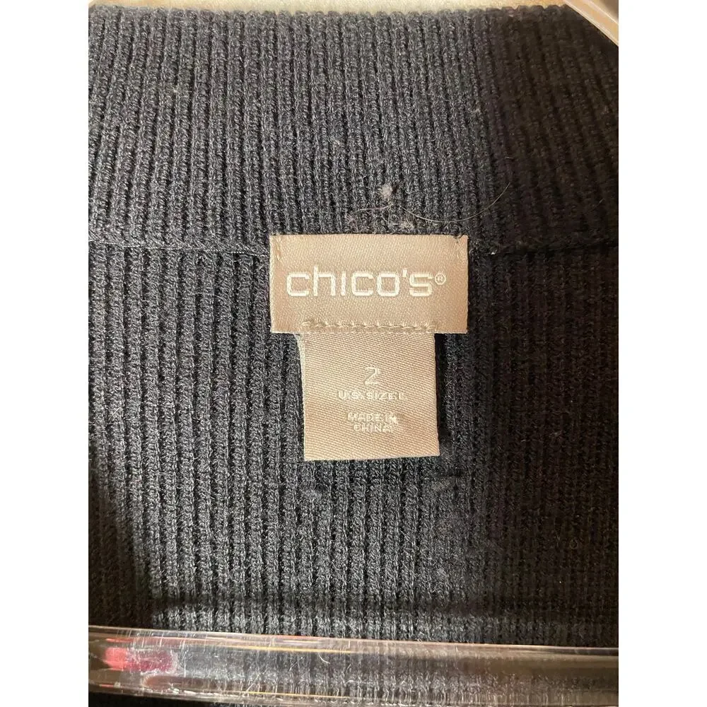 Chico's Black Funnel Neck Tie Front 3/4 Sleeve Sweater Knit Size 2 US Large - Picture 2 of 6